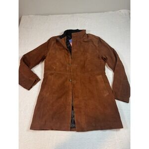 Camel Brown Suede Leather Trench Coat Mid-Length Size Medium Retro Jacket